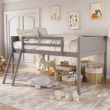 Merax Grey Low Loft Bed with Convertible Ladder and Full Guardrail, No Box Spring Needed Merax