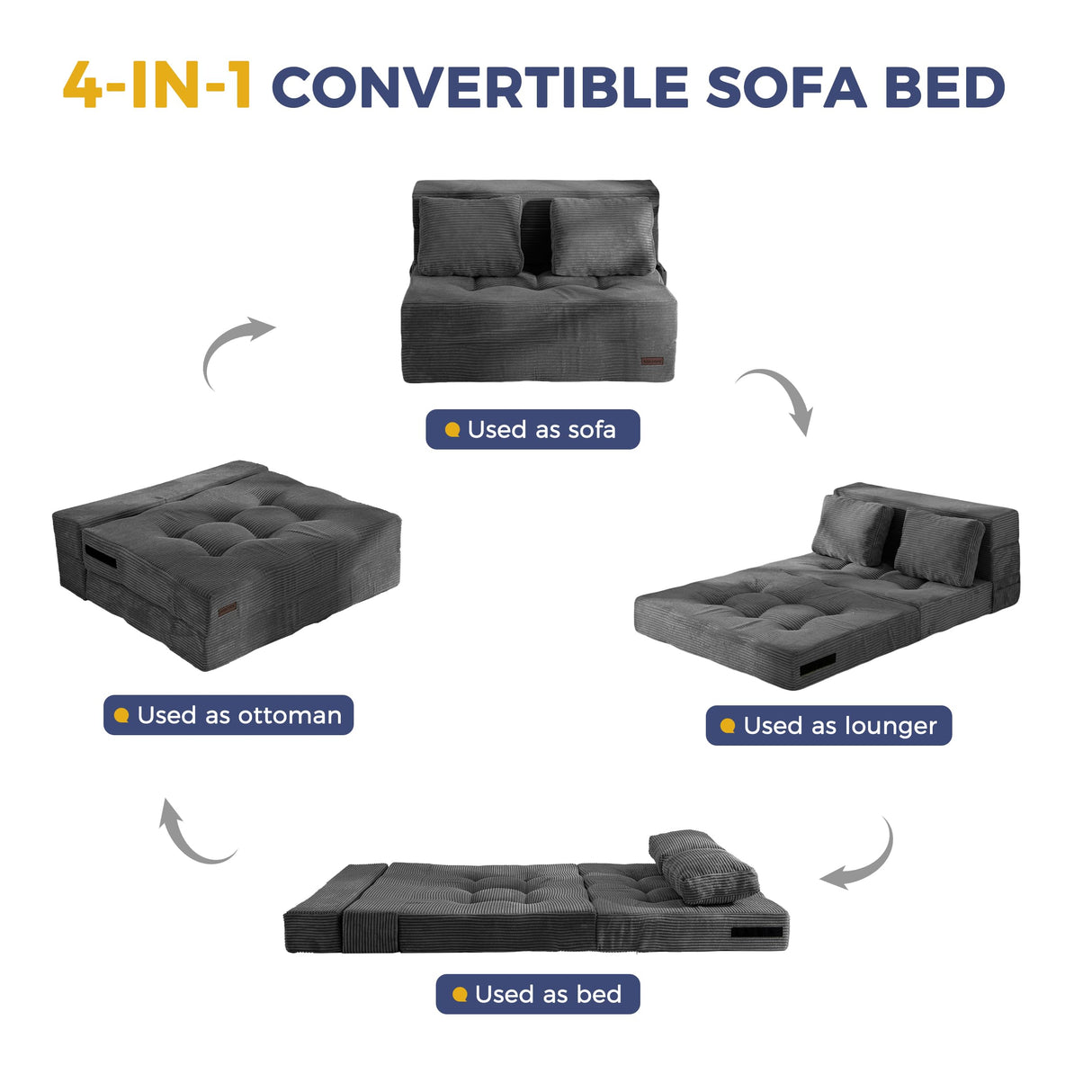 MAXYOYO Convertible Sofa Bed, Fold Out Loveseat Sleeper Sofa with Pillow, 4 in 1 Tufted Folding Couch Bed Foam Floor Couch, Lazy Chair for Living Room Bedroom Guest Room, Dark Grey MAXYOYO