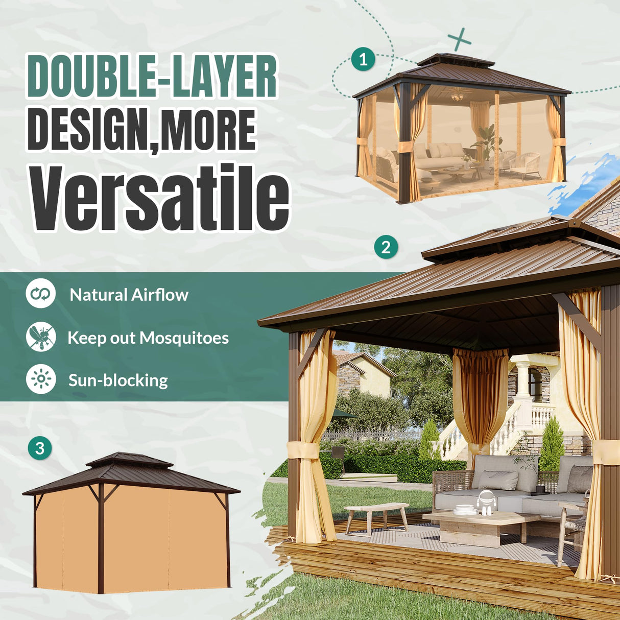 MELLCOM Hardtop Gazebo 10x12, Heavy Duty Galvanized Steel Double Roof with Stylish Vertical Stripes, Nettings and Curtains Included MELLCOM