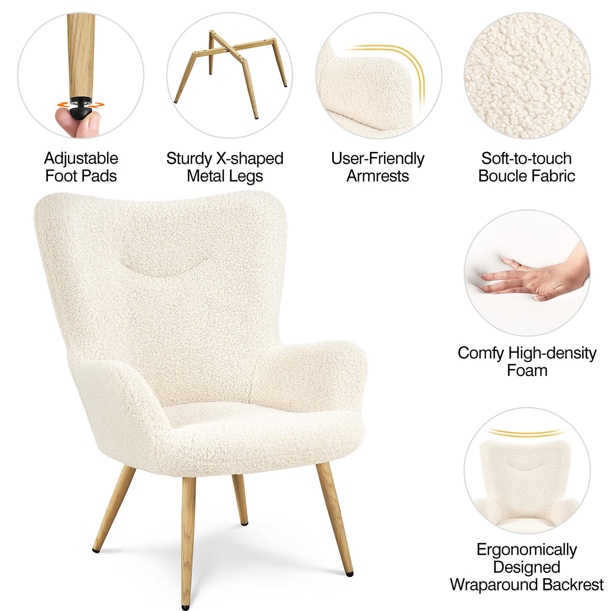 Yaheetech Accent Chair, Modern Boucle Vanity Chair with High Back and Wood-Tone Metal Legs, Sherpa Chair for Living Room, Home Office, Ivory Yaheetech