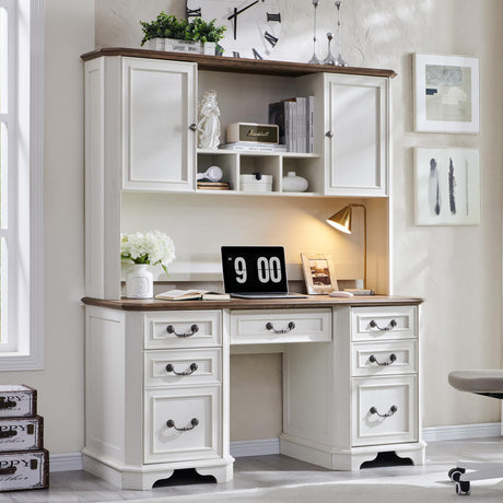 T4TREAM 59" Farmhouse Executive Desk with Hutch,Wood Home Office Computer Desk, Featuring Keyboard Tray,Charging Station,File Drawer, Storage Cabinet,for Work and Study (Antique White) T4TREAM