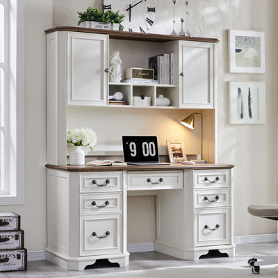 T4TREAM 59" Farmhouse Executive Desk with Hutch,Wood Home Office Computer Desk, Featuring Keyboard Tray,Charging Station,File Drawer, Storage Cabinet,for Work and Study (Antique White)