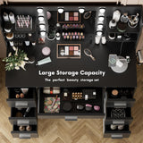 YESHOMY Vanity Desk with Mirror, Power Outlet and 10 Lights, Makeup Table with 7 Drawers, 3 Color Modes Available for Bedroom, Dark Black YESHOMY
