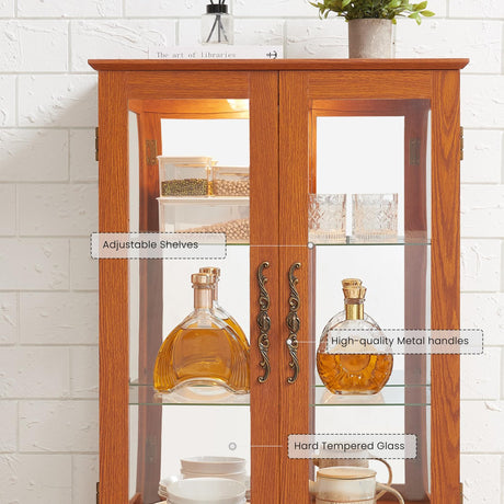 Eyisean Lighted Curio Cabinet 47" H China Cabinet with Tempered Glass Doors, 3-Tier Adjustable Shelves and Acrylic Mirrored Back Pane, Glass Display Cabinet for Living Room (Dark Oak) Eyisean