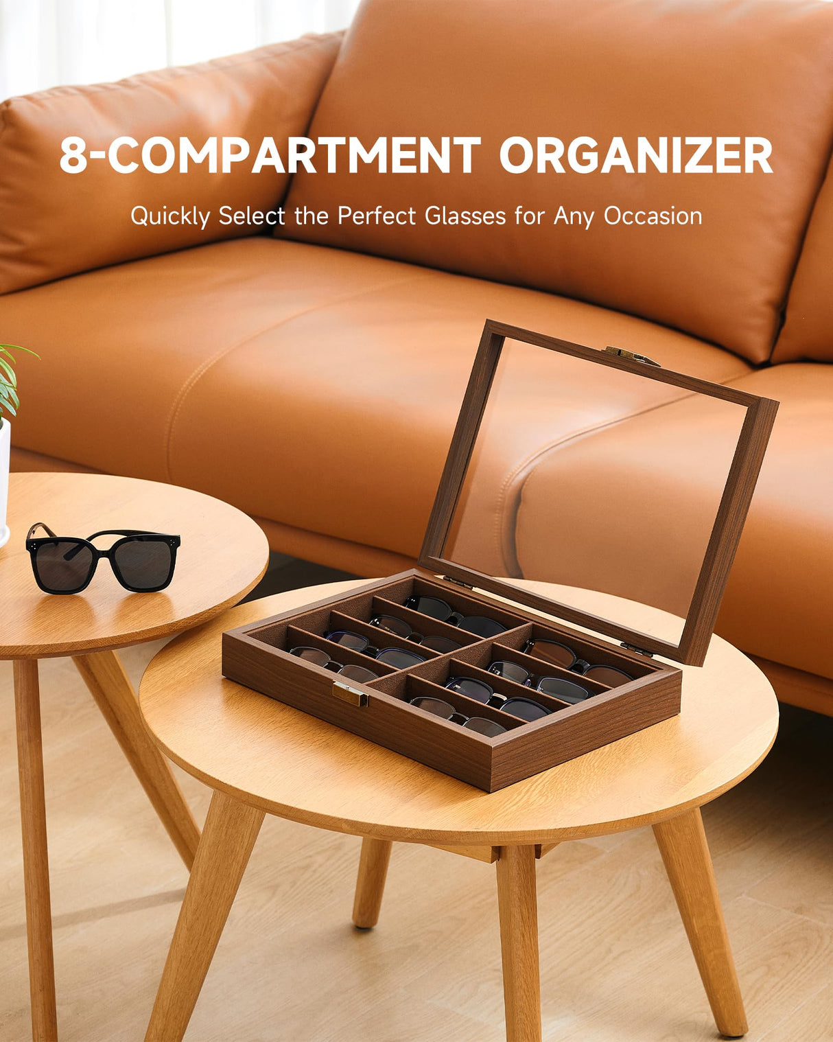 CO-Z Sunglasses Organizer with 8 Slots, Wood Eyeglasses Storage Box for Women Men, Lockable Display Case for Multiple Glasses, Glasses Holder for Watches Jewelry Collection, Walnut CO-Z