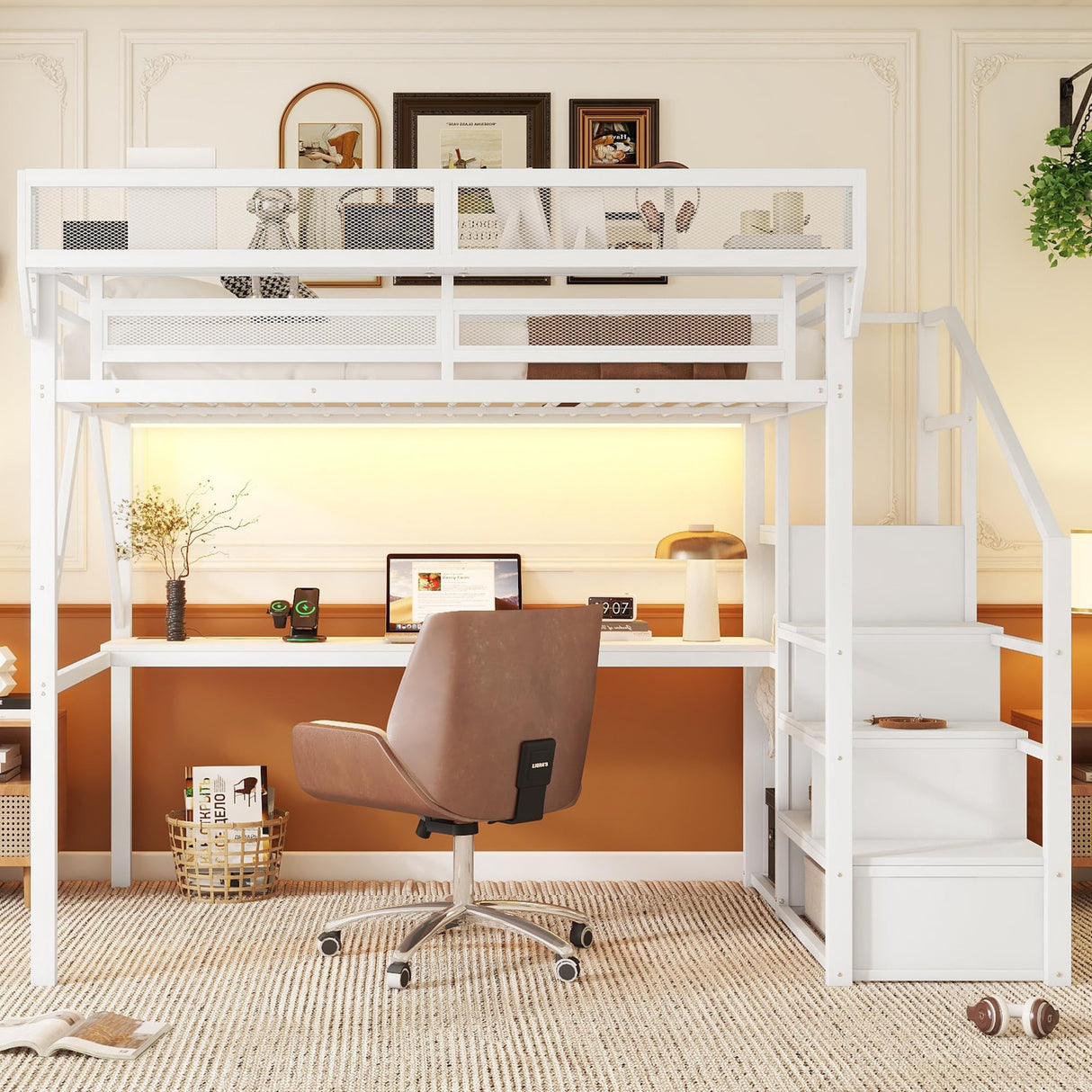 Full Loft Bed with Desk and RGB Light, Metal Loft Bed Frame with Stairs and Bedside Shelf, Heavy-Duty Lofts Beds with Storage Shelves and Wardrobe for Kids Teens, White Mirightone