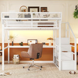 Full Loft Bed with Desk and RGB Light, Metal Loft Bed Frame with Stairs and Bedside Shelf, Heavy-Duty Lofts Beds with Storage Shelves and Wardrobe for Kids Teens, White Mirightone