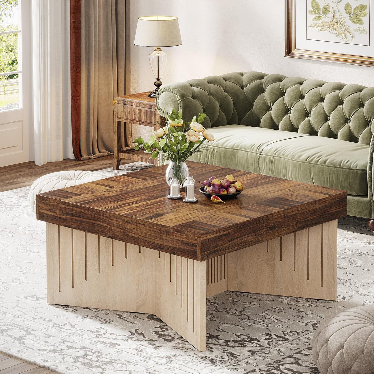 Tribesigns 35.4" Coffee Table, Square Wood Coffee Table, Farmhouse Coffee Table Center with Engraved Lines Design, Coffee Table for Living Room Tribesigns