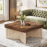 Tribesigns 35.4" Coffee Table, Square Wood Coffee Table, Farmhouse Coffee Table Center with Engraved Lines Design, Coffee Table for Living Room Tribesigns