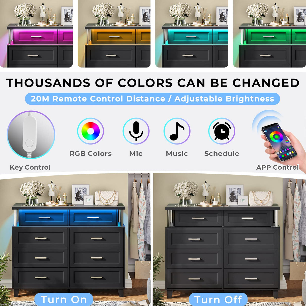 VIAGDO Dresser for Bedroom with 8 Drawers, Chest of Drawers with LED Light, Tall Wide Dresser for Storage and Organization, Black Dresser for Bedroom, Living Room, Closet VIAGDO