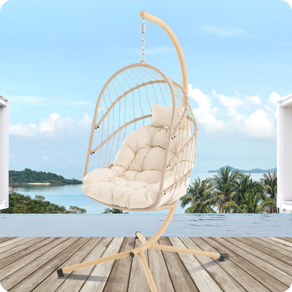 Swing Egg Chair with Stand Foldable Hanging Egg Chair Indoor Outdoor Wicker Rattan Basket with UV Resistant Cushions for Bedroom Balcony Backyard 350lbs Capacity (Beige) - WoodArtSupply