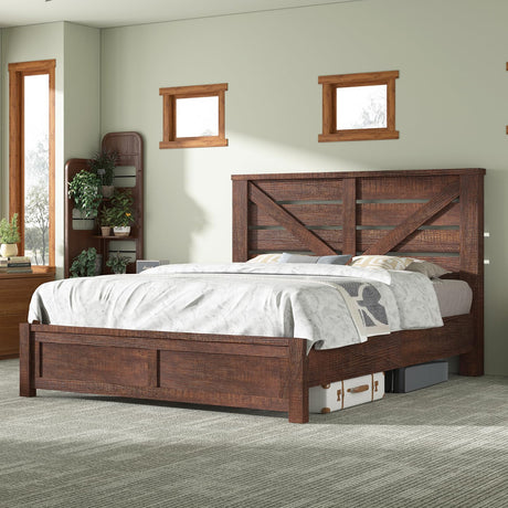 AMERLIFE Queen Size Farmhouse Bed Frame with 49.2" Barn Door Headboard, Platform Bed Frame with Wood Slats, Under Bed Storage Space, Noisy Free, Easy Assembly, Reclaimed Barnwood AMERLIFE