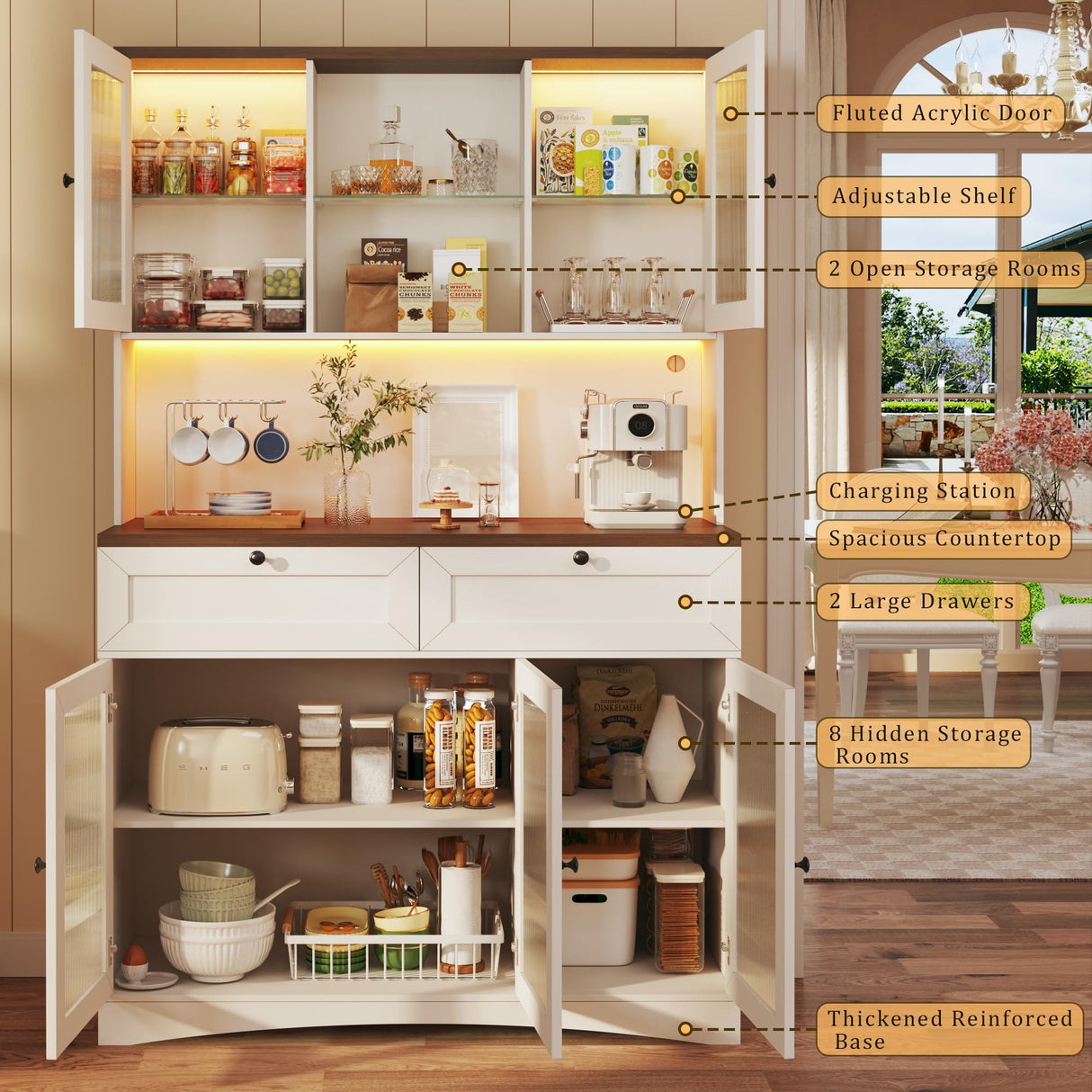 HUAHUU 71" Pantry Cabinet with Charging Station and LED Light, Modern Kitchen Pantry Cabinet with Microwave Stand, Tall Kitchen Hutch Food Pantry with Drawers & Shelves for Dining Room, White HUAHUU