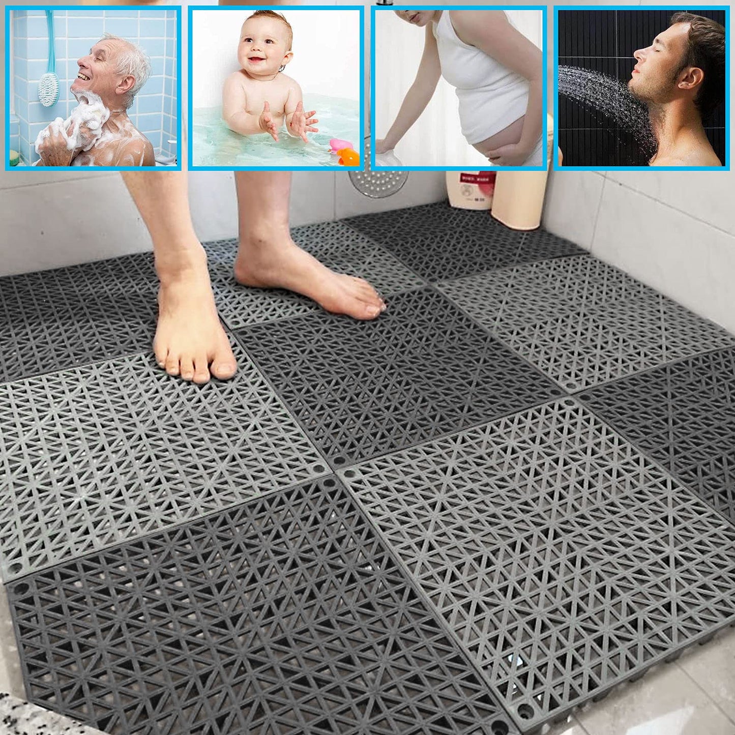 FengWu 12 Pack 12 x 12 Interlocking Rubber Bathroom Flooring Tiles Non-Slip Splicing Waterproof Mat Modular Interlocking Cushion Mat for Drain,Deck,Pool, Patio, Balcony, Shower, Kitchen, Yard, Grey