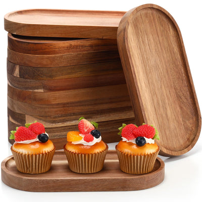Geetery 12 Pcs Acacia Wooden Serving Trays 10 Inch Oval Wood Platter Wooden Serving Platter Oval Charcuterie Plates Board Wood Cheese Plate Fruit Wood Tray Acacia Cheese Board for Dessert Appetizer