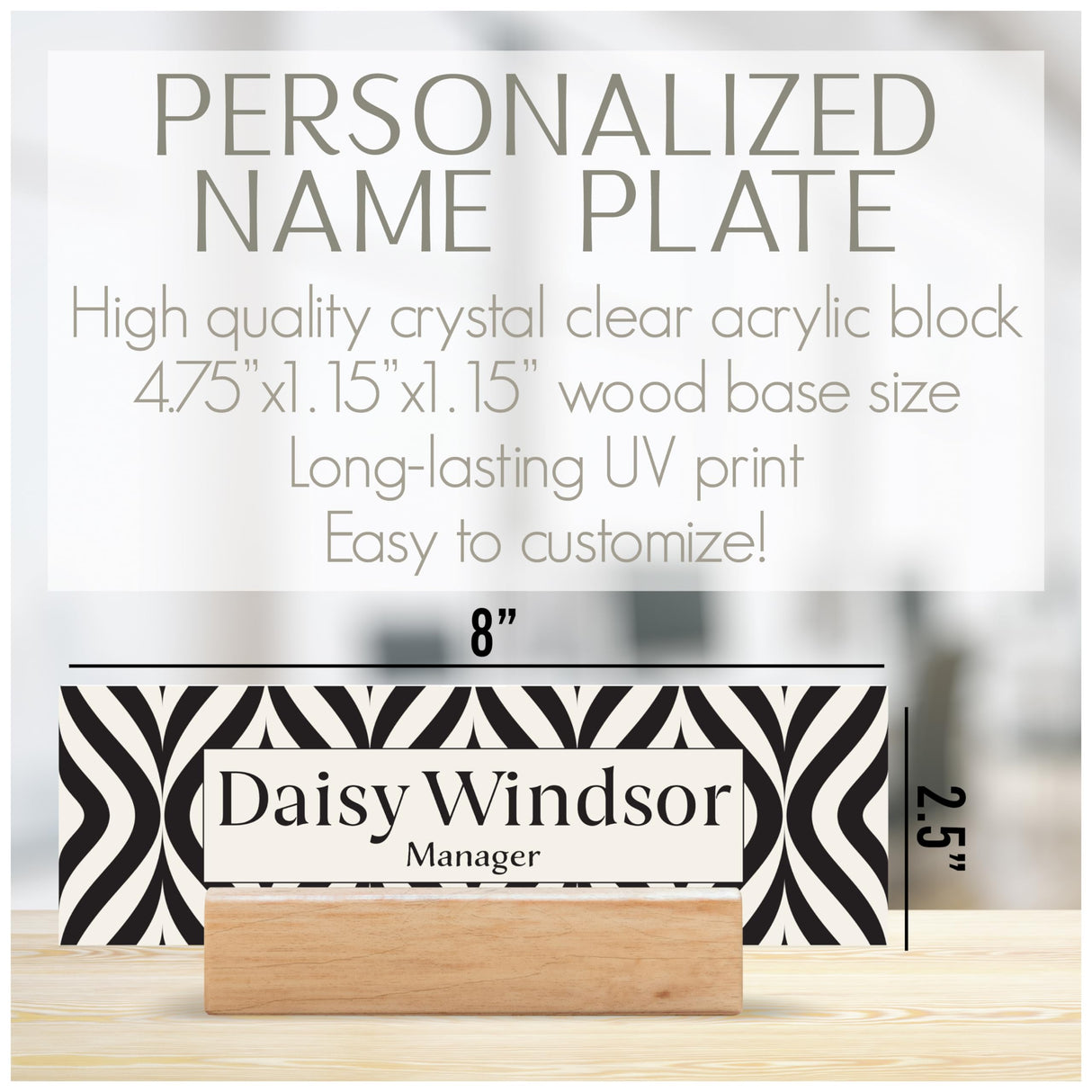 Acrylic Desk Name Plate Personalized with Wooden Base - 28 Backgrounds - Custom Name Plate for Desk, Office Decor, Teacher Appreciation Gifts Brd Gifts