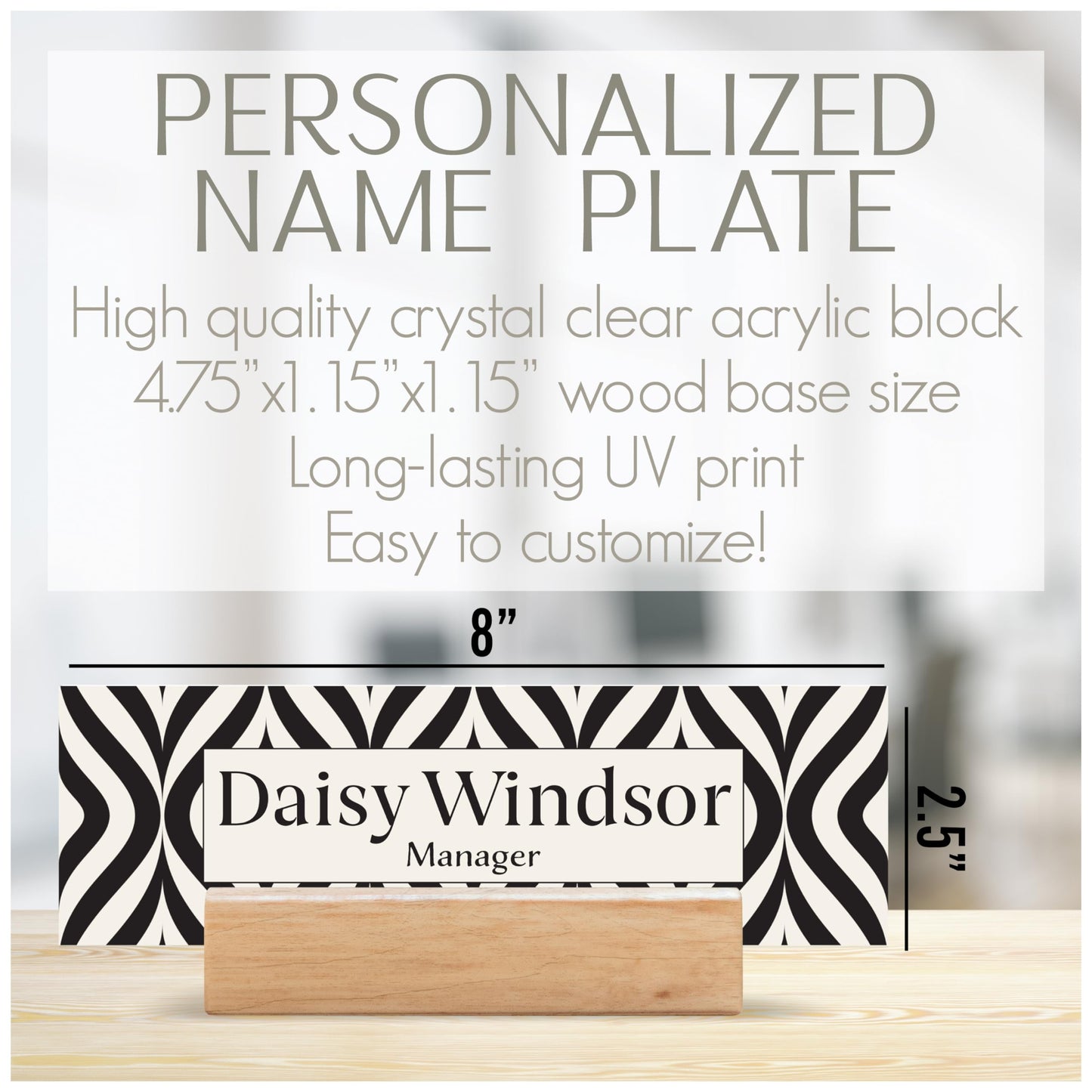 Acrylic Desk Name Plate Personalized with Wooden Base - 28 Backgrounds - Custom Name Plate for Desk, Office Decor, Teacher Appreciation Gifts - WoodArtSupply