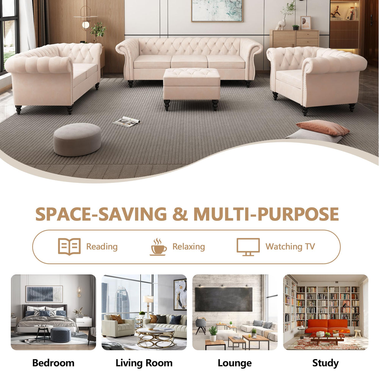 QHITTY Accent Sofa, Chesterfield Loveseat Modern Velvet Couch Upholstered Sofa with Tufted Back for Living Room Furniture (Beige) QHITTY