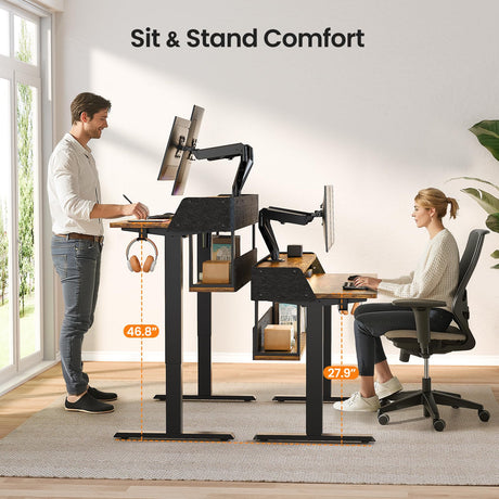 ErGear Standing Desk, 48x24 Inch Electric Standing Desk with Shelves, Height Adjustable Desk with Monitor Stand and Storage, Gaming Sit Stand Up Desk with LED Light for Home Office, Vintage Brown ErGear