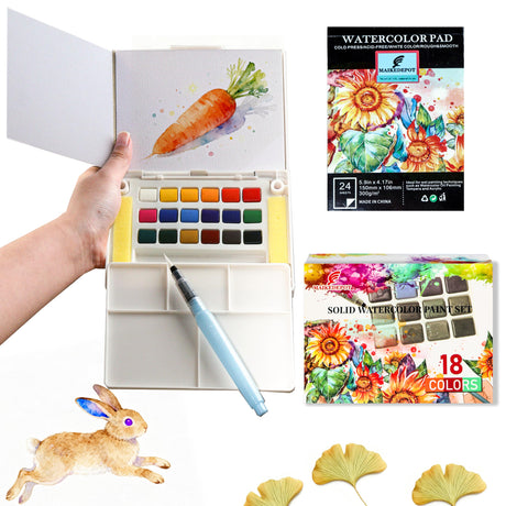 MAIKEDEPOT Watercolor Paint Set,Vivid Colors Travel Paint Set Graspable Painting Set Compact Size, Watercolor Kit with Water Brush Pens,24 Sheets Watercolor Papers,3 Online Tutorial Video - 18colors MAIKEDEPOT