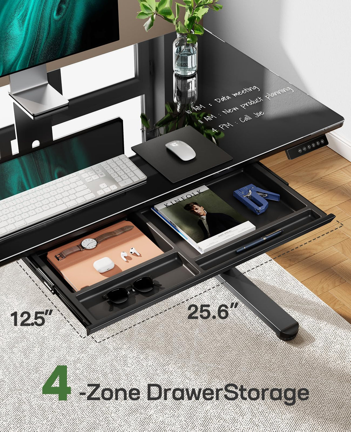 Marsail Glass Electric Standing Desk with Drawer, 48 x 24 Inches Height-Adjustable Desk, One-Piece Tempered Glass Top, Ergonomic Home Office Sit Stand Desk with 4 Preset Heights, Black Marsail