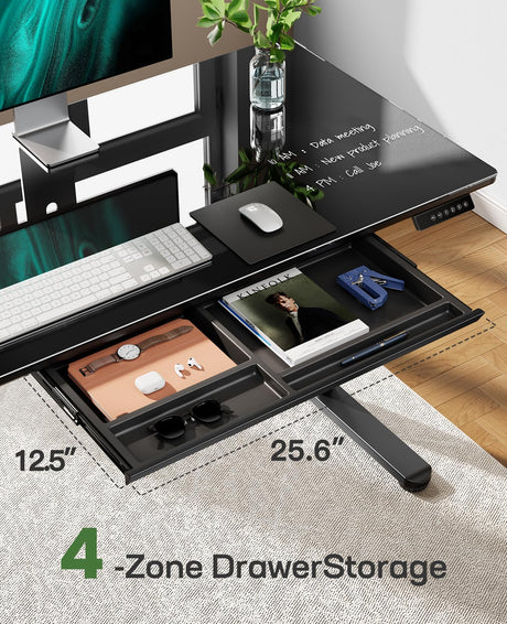Marsail Glass Electric Standing Desk with Drawer, 48 x 24 Inches Height-Adjustable Desk, One-Piece Tempered Glass Top, Ergonomic Home Office Sit Stand Desk with 4 Preset Heights, Black Marsail