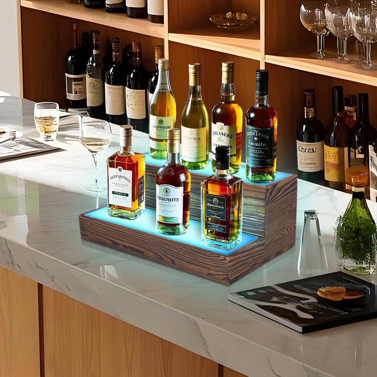 Wine Rack with LED Light Liquor Bottle Display Shelf Wall Mounted, 2 Tier Acrylic Illuminated Bar Bottle Display Floating Shelf for Home Commercial Bar Party BEARUT