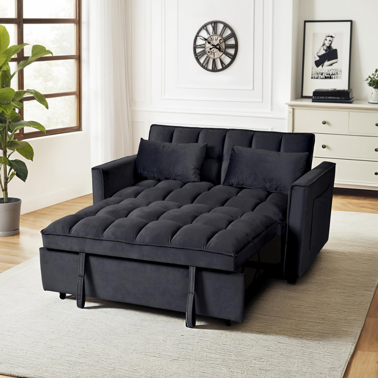 FLEXISPOT XCT4 Convertible Sofa Bed, 3-in-1 Loveseat Sofa Couch with Adjustable Backrest, Pull Out Couch with 2 Pillows & 2 Side Pockets, Futon Sleeper for Dorms Apartment Living Room, Black FLEXISPOT