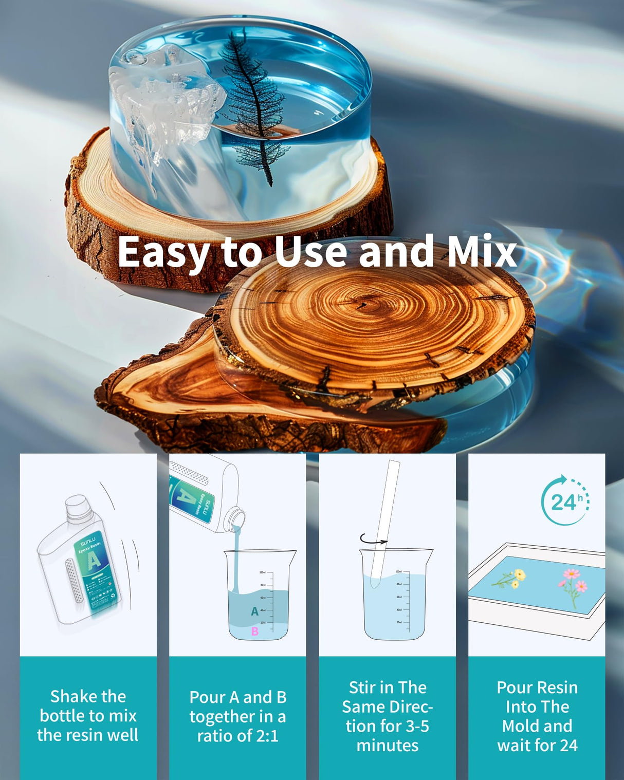 SUNLU Epoxy Resin Kit 48OZ, Crystal Clear Epoxy Resin No Bubble No Yellow, Easy to Mix 2:1 Ratio, Self Leveling Art Resin for Casting, Coating, Jewelry Making, River Table Tops, Gift(32OZ+16OZ) SUNLU