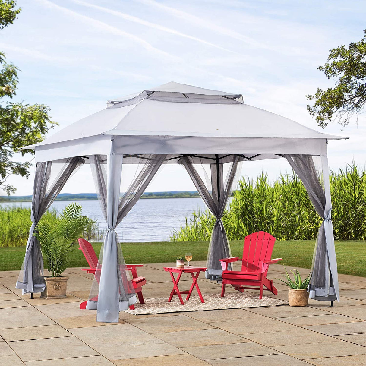 Sunjoy 11x11 ft. Pop-Up Instant Gazebo, Outdoor Portable Steel Frame 2-Tier Top Canopy/Tent with Netting and Carry Bag, Gray Sunjoy