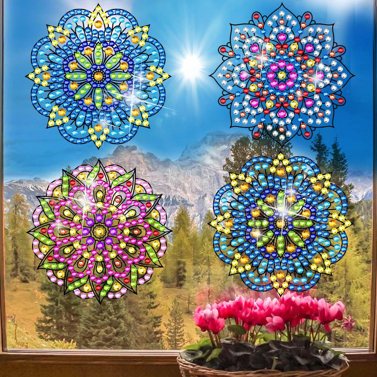 BSRESIN Diamond Art Stained Glass Window Clings with Diamond DIY Pen, 3 Pcs Mandala Window Stickers for Suncatchers, Diamond Art Kits for Adults, Diamond Art Accessories BSRESIN