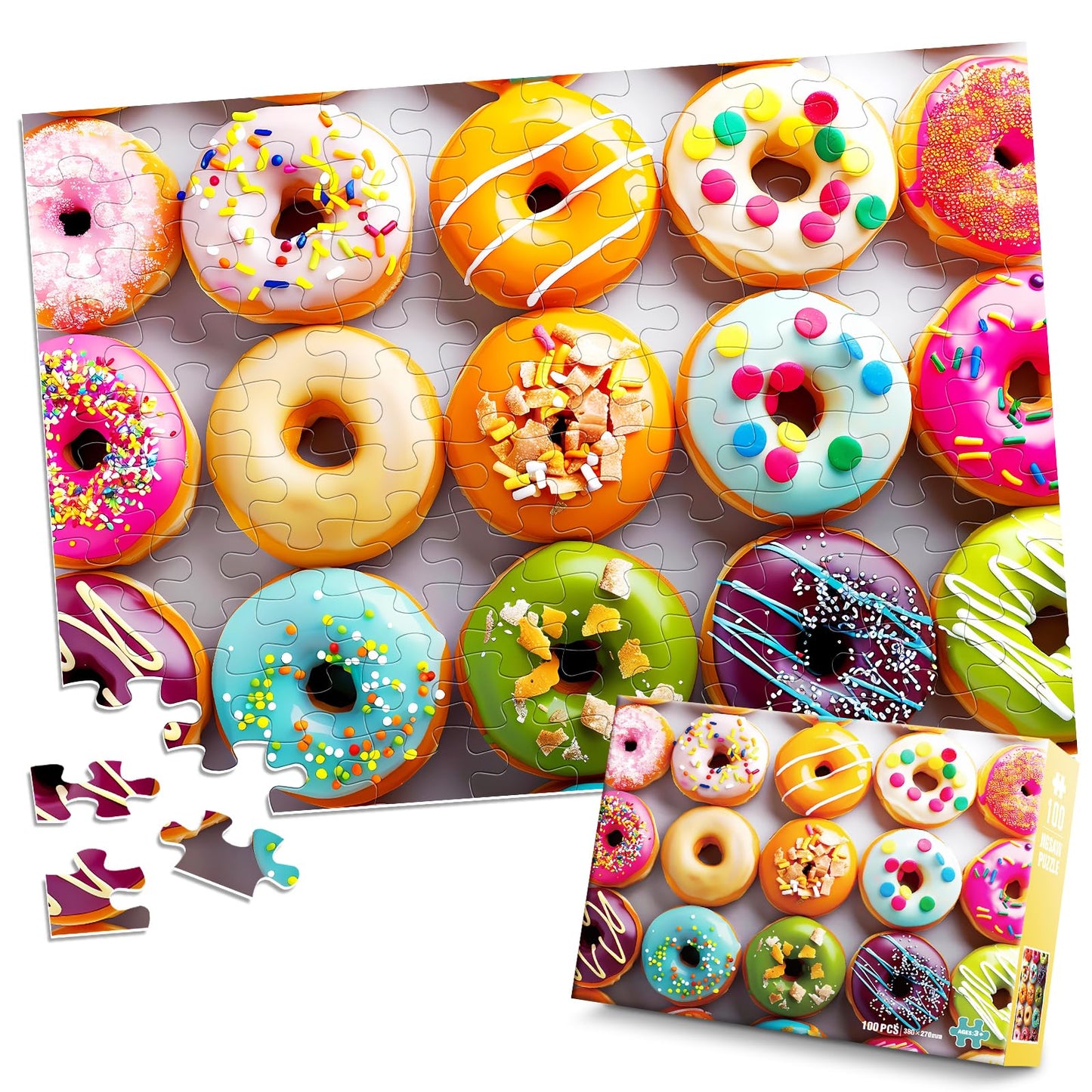 100 Pieces Puzzles for Kids Ages 4-8 6-8 8-10 Year Old - Donuts Jigsaw Puzzle for Kids Ages 5-8 Teens Toddler Learning Educational Puzzles for 4 5 6 7 8 9 Years Old Boys Girls Toys Gifts