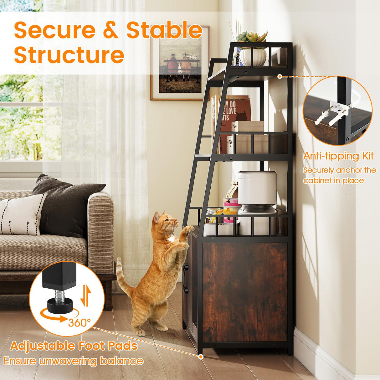 PETSITE Cat Litter Box Enclosure with Storage Shelves, 52 Inches Tall Hidden Litter Box with Charging Station, Scratching Board, and Winding Entry (Rustic Brown) PETSITE