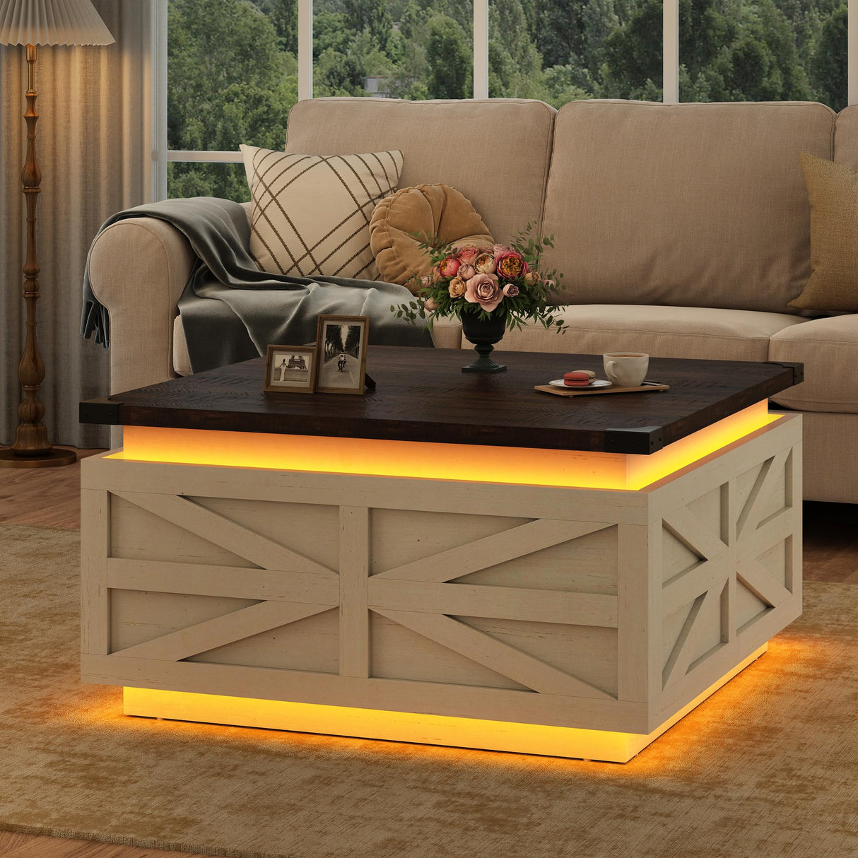 Large Farmhouse Lift Top Coffee Table with Hidden Storage Compartment, Wood Square Center Table with Charging Station&USB Ports for Living Room, White chartustriable