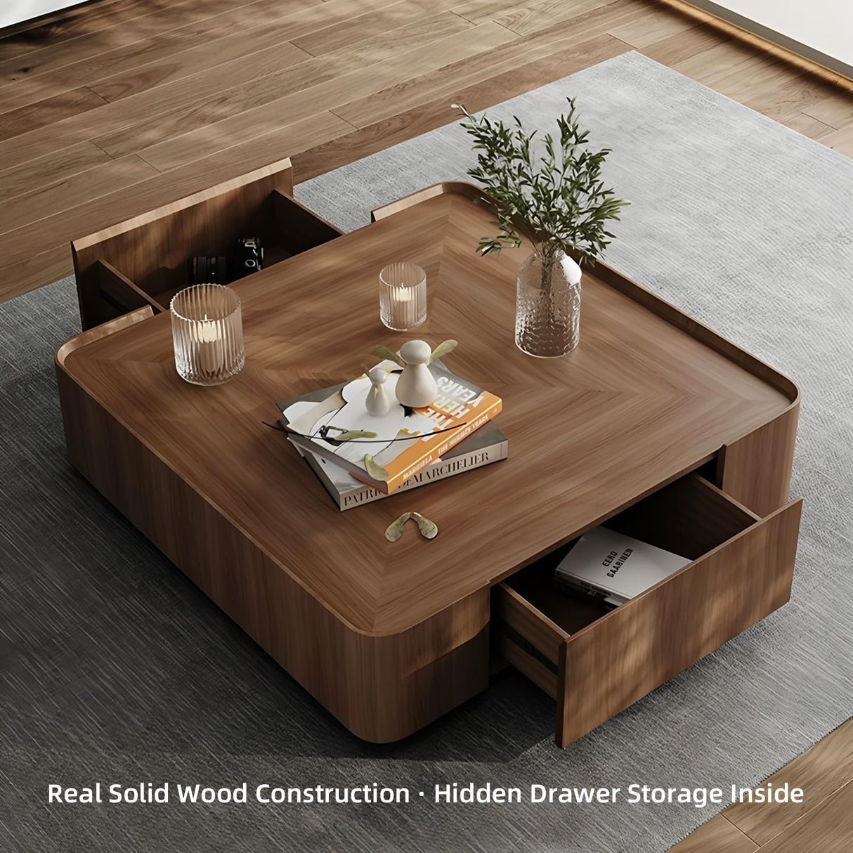 Luxury Walnut Wood Square Coffee Table with Large Hidden Storage, Expandable Tabletop Center Table for Living Room, Modern Accent Table with Drawers (39.37" Walnut Square Coffee Table) WuerQi
