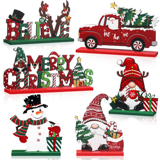 Capoda 6 Pcs Christmas Table Decorations Wooden Christmas Table Centerpieces Xmas Snowman Santa Claus Gnome Table Signs Merry Christmas Table Toppers for Holiday Party Supplies (Red, White)