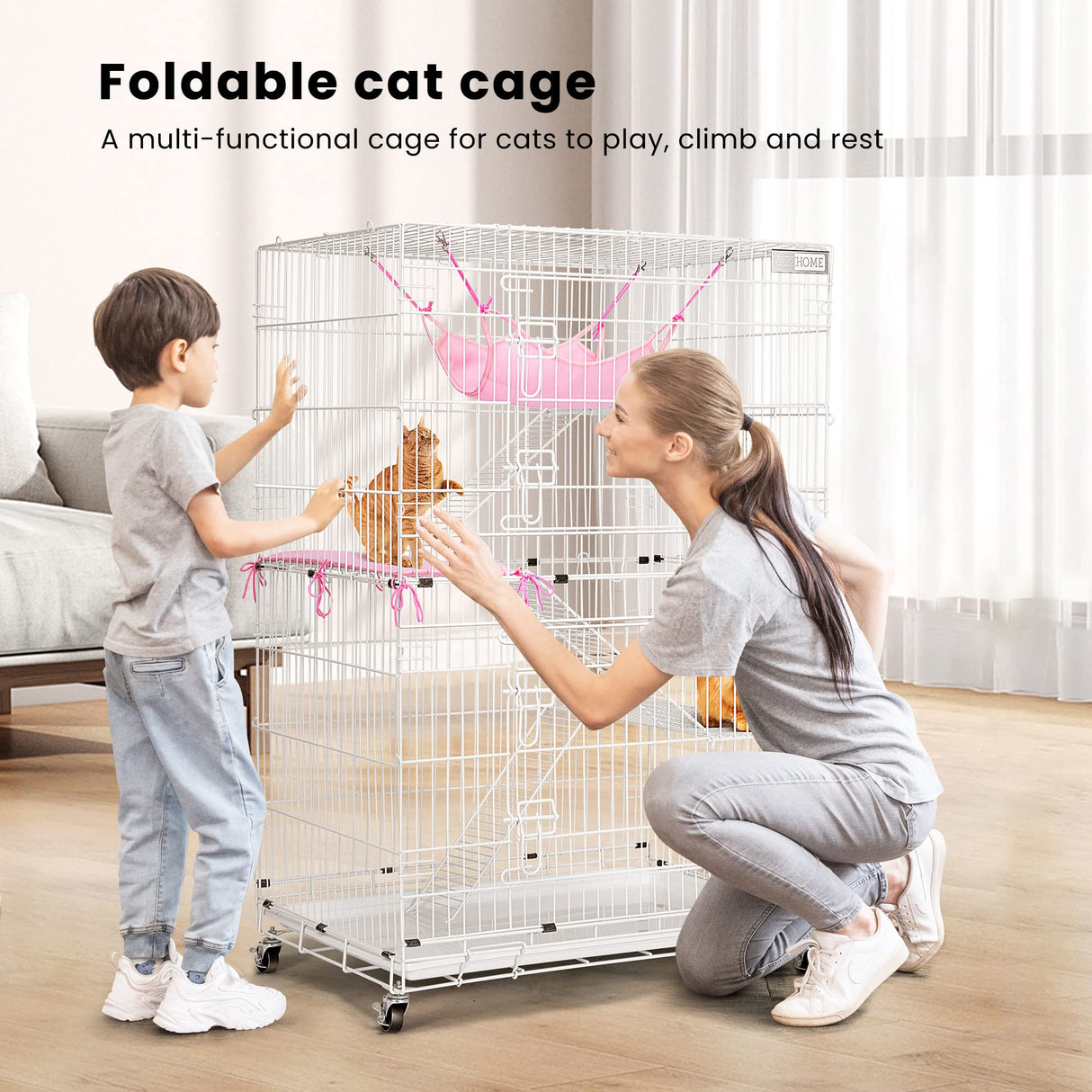 VIVOHOME 4-Tier 49 Inch Collapsible Metal Cat Kitten Ferret Cage 360° Rotating Casters Enclosure Pet Playpen with Ramp Ladders Hammock and Bed White VIVOHOME