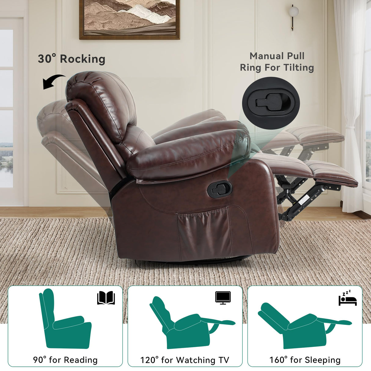 YITAHOME Rocker Recliner Chair with Heat & Massage, Faux Leather Recliner with Overstuffed Armrest, 360° Swivel, Manual Reclining, Rocking Function & Side Pocket for Living Room,Brown1 YITAHOME