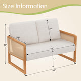 Alunaune Modern Loveseat Bench Couch with Natural Rattan Arm, Upholstered Linen Small Love Seat Sofa 2-Seats Living Room Couch Settee, Comfy Lounge Recliner Chair-Ivory Alunaune