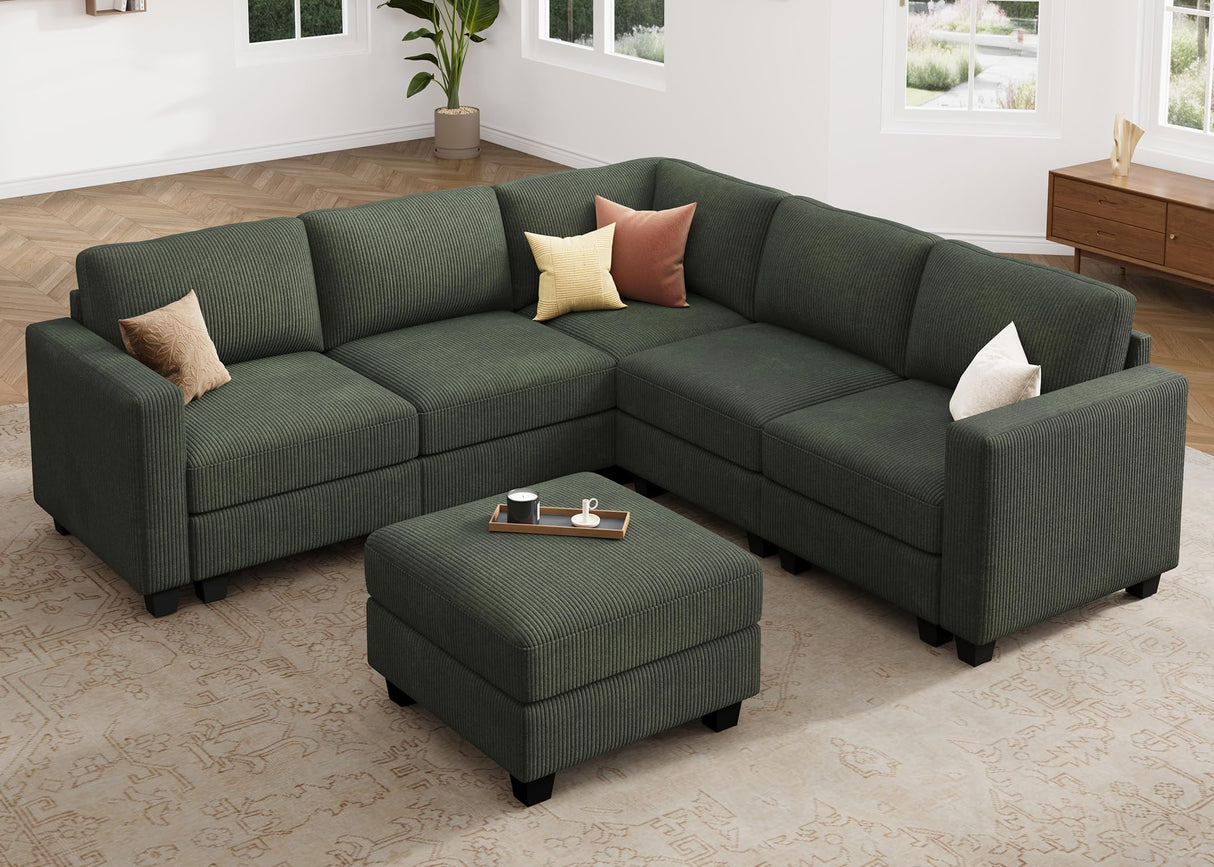 HONBAY Corduroy Modular Sectional Couch with Storage L-Shaped Sectional Couches for Living Room 6 Seater Modular Sofa, Green HONBAY