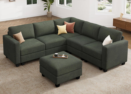 HONBAY Corduroy Modular Sectional Couch with Storage L-Shaped Sectional Couches for Living Room 6 Seater Modular Sofa, Green HONBAY