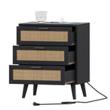 Irontar Rattan Nightstand with Charging Station, Night Stand with 3 Large Rattan Drawers, Accent End Table, Bedside Table with Solid Wooden Legs for Bedroom, Black and Natural BZZ006BME Irontar