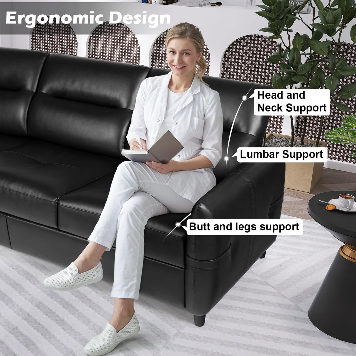 STHOUYN 85” Black Faux Leather Couch with USB, 3 Seater Sofa Couches for Living Room, Large Mid Century Modern Office Apartment Couch (Black) STHOUYN