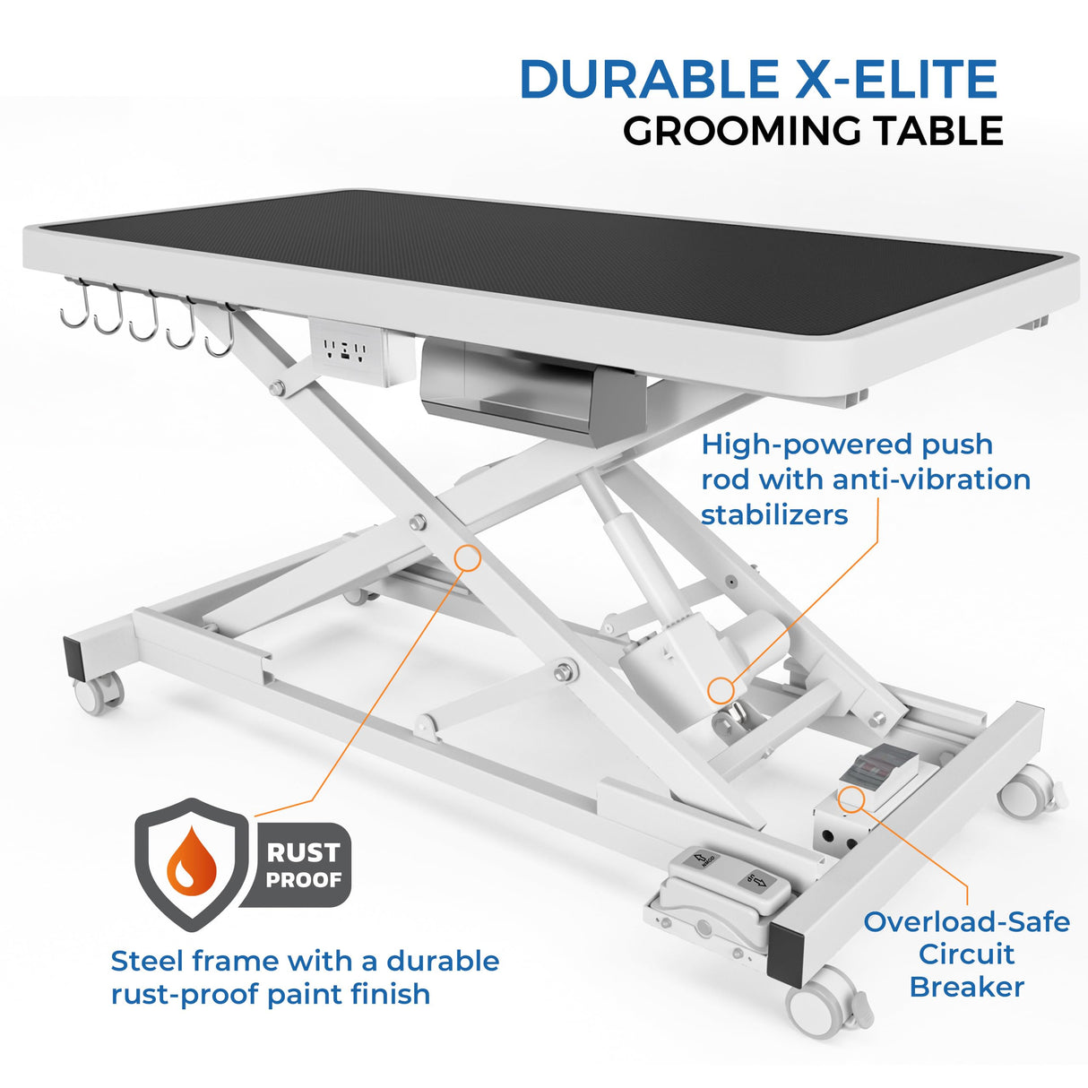 Burano Professional Super Low-Step Electric Dog Grooming Table 49.2", Heavy Duty, Anti-Slip Tabletop, Height Adjustable Dog Table with Lockable Casters, Stainless Grooming Overhead Arm Burano