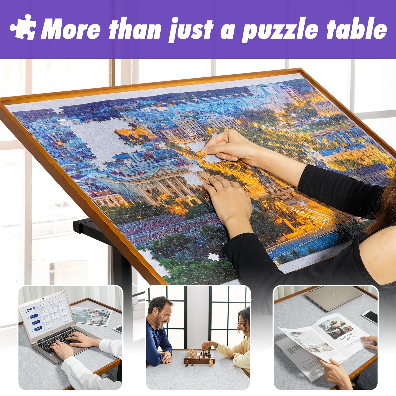 Sunix 1500 Pieces Jigsaw Puzzle Table with Legs, 36"x26" Adjustable Height Puzzle Board with Cover & 6 Sorter Tray, 12-Tilting-Angle Portable Wooden Puzzle Table for Adults, Enclosed with Whe - WoodArtSupply