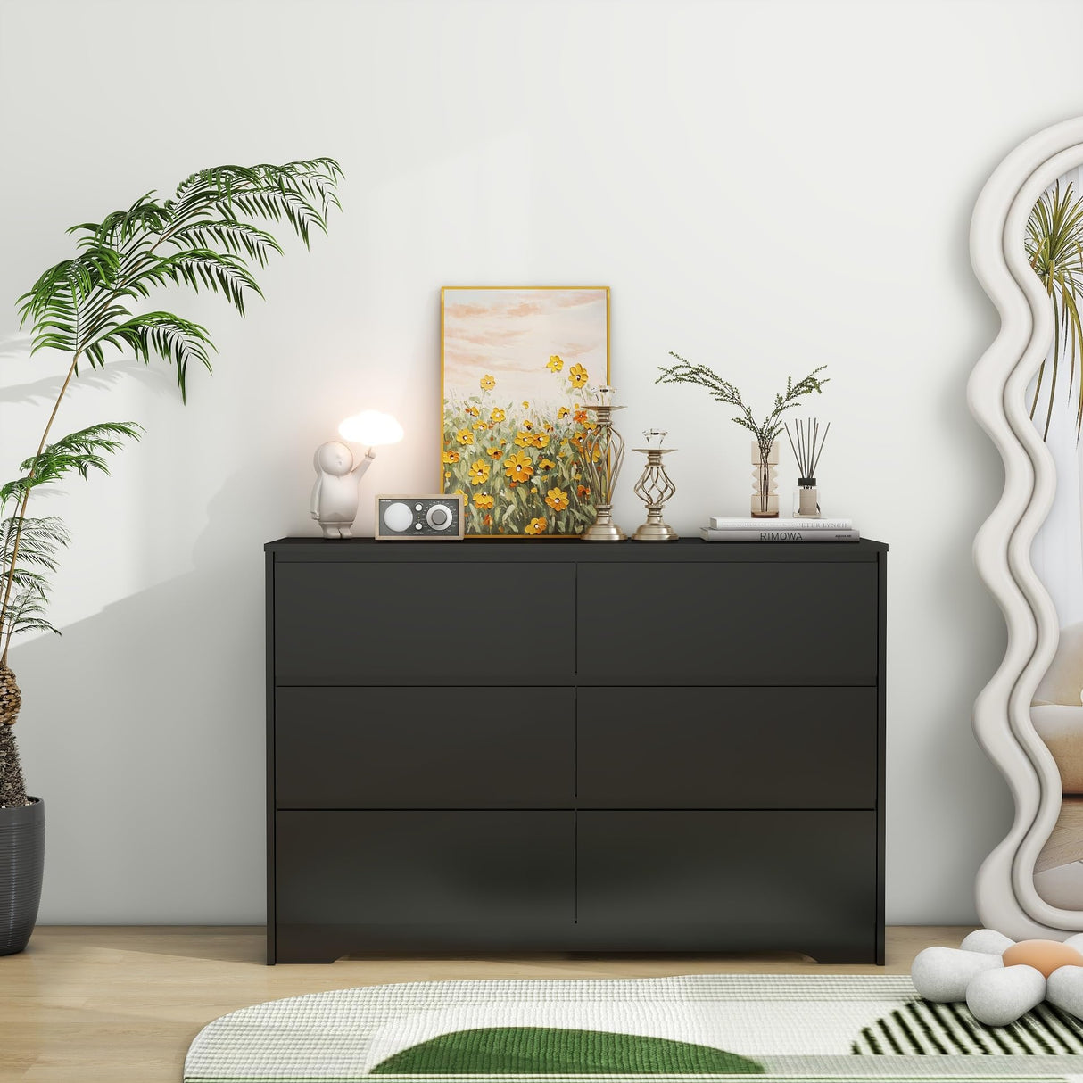 Panana Modern 6 Drawer Double Dresser, Wood Wide 6 Chest of Drawers with Deep Drawers Floor Storage Lateral Drawer Cabinet Organizer for Living Room Bedroom Home Office (Black) Panana