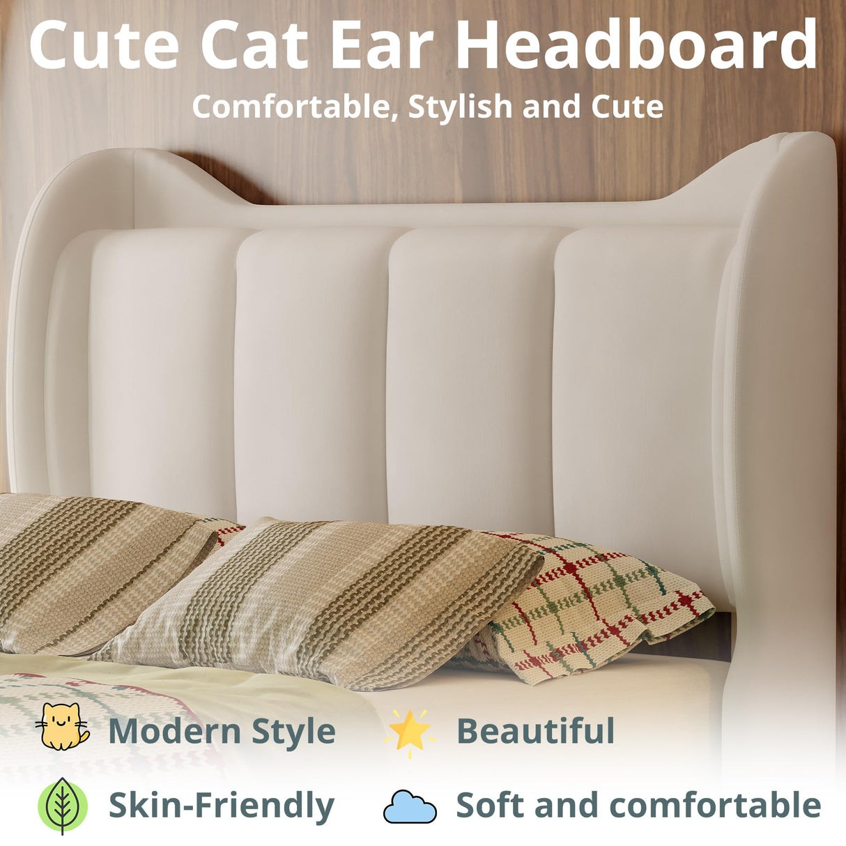 LIKIMIO Full Bed Frame with Headboard, Velvet Upholstered Platform Bed with LED Light, Solid Wood Slats Support, No Box Spring Needed, Cream LIKIMIO