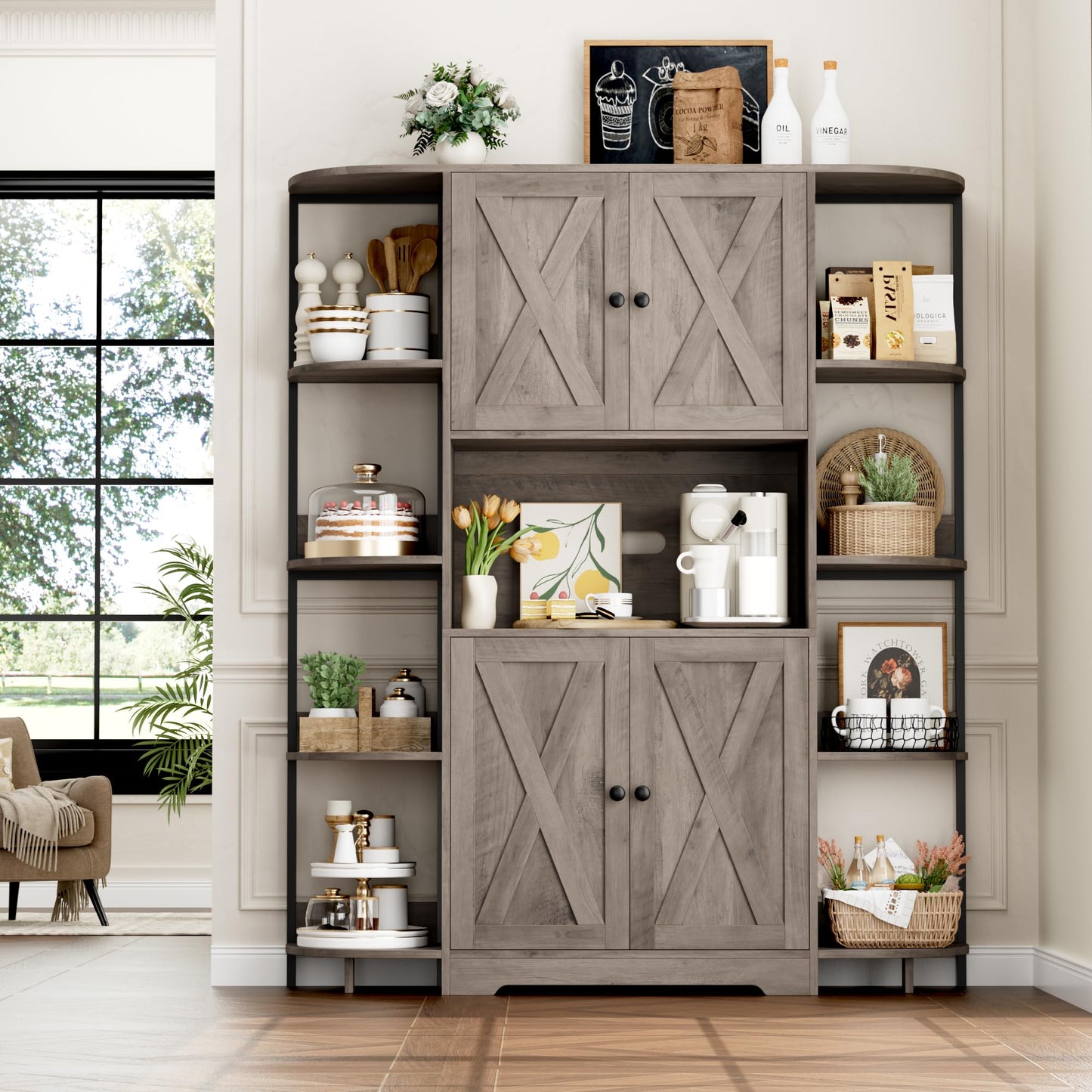 HITHOS 70" Industrial Kitchen Pantry Cabinet with Adjustable Shelves and Microwave Stand in Ash Gray - WoodArtSupply