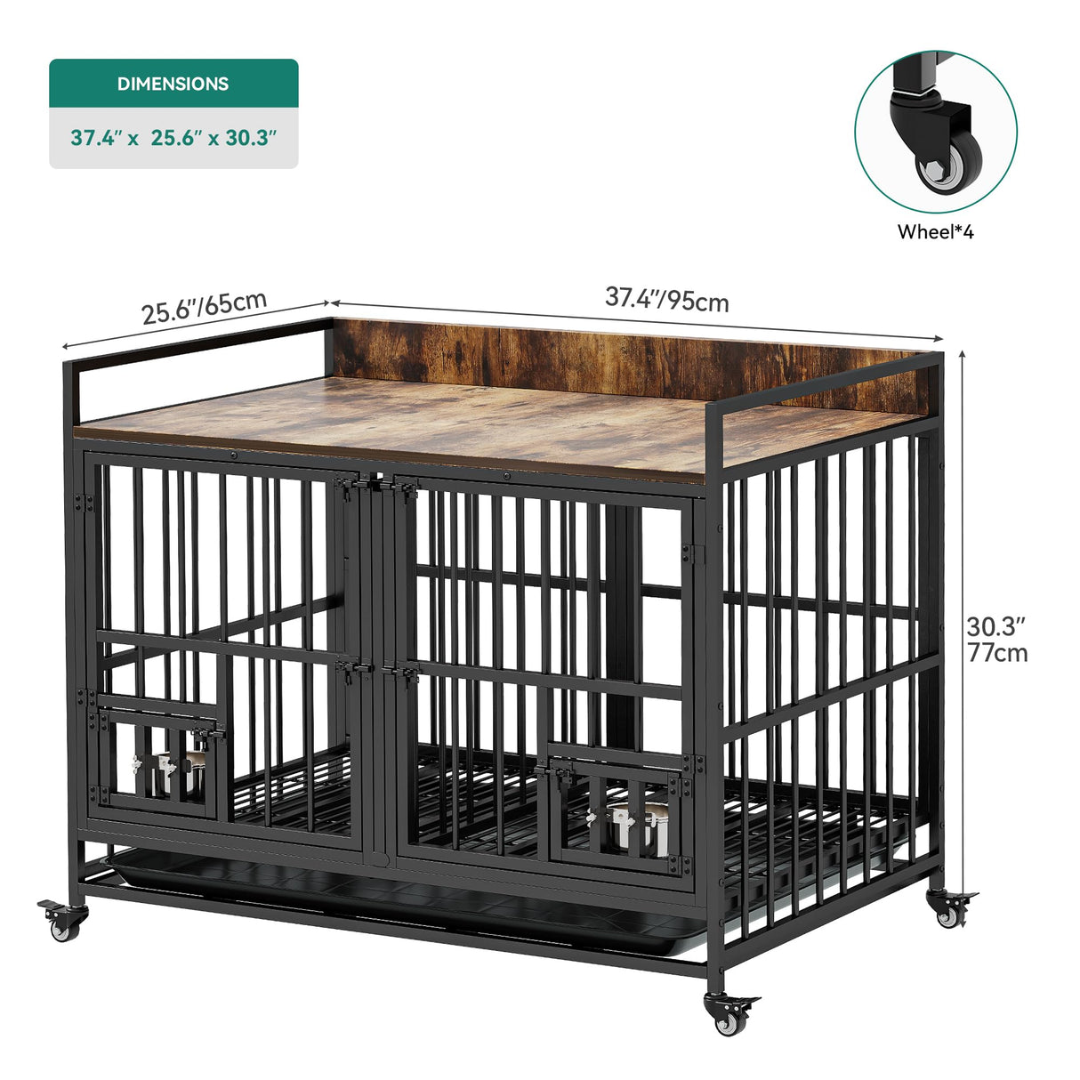 YITAHOME 37.5'' Heavy Duty Dog Crate with Removable Divider, Double Doors & Locks Design, Furniture Style Large Dog Crate with 360° Rotatable Dog Bowls & 360° Wheels & 2 Trays for Small/Medium Dog YITAHOME