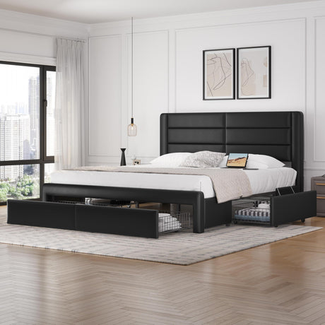 Yaheetech King Size Bed Frame with 2 USB Charging Station/Port for Type A&Type C/4 Storage Drawers, Leather Upholstered Platform Bed with Headboard/Solid Wood Slat Support/No Box Spring Needed/Black Yaheetech